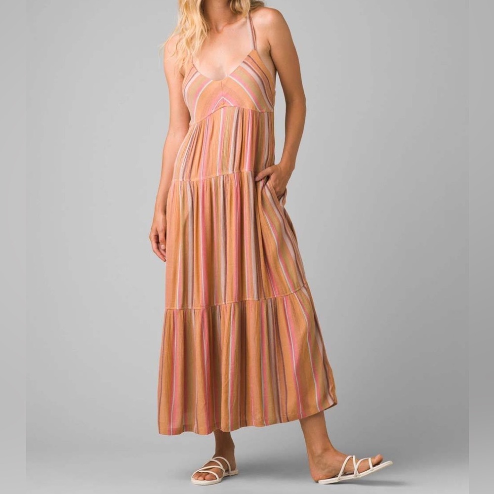 Prana Lizzola Dress Rainbow Striped Maxi Dress Keyhole Back Size XL New NWOT